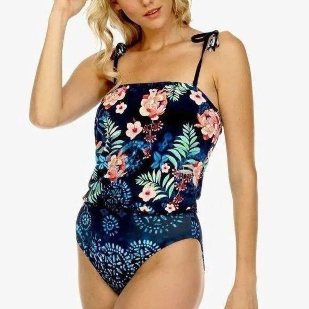 NWOT Johnnie Was Annia Blouson One Piece Swimsuit Navy Straps XS